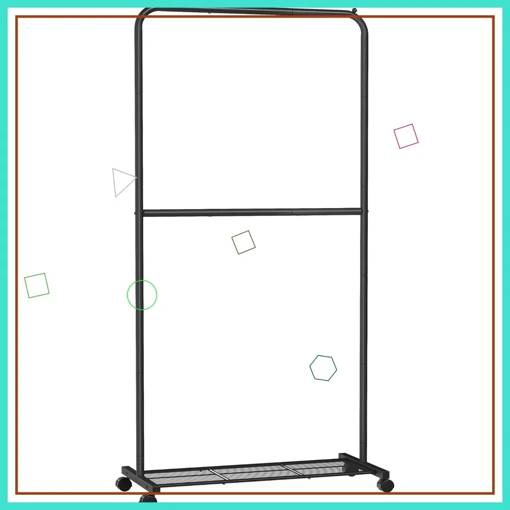 

Двухрестовая вешалка для одежды на колесиках с сетчатой полкой, грузоподъемность 110 фунтов, 2 тормоза, черная — простая сборка