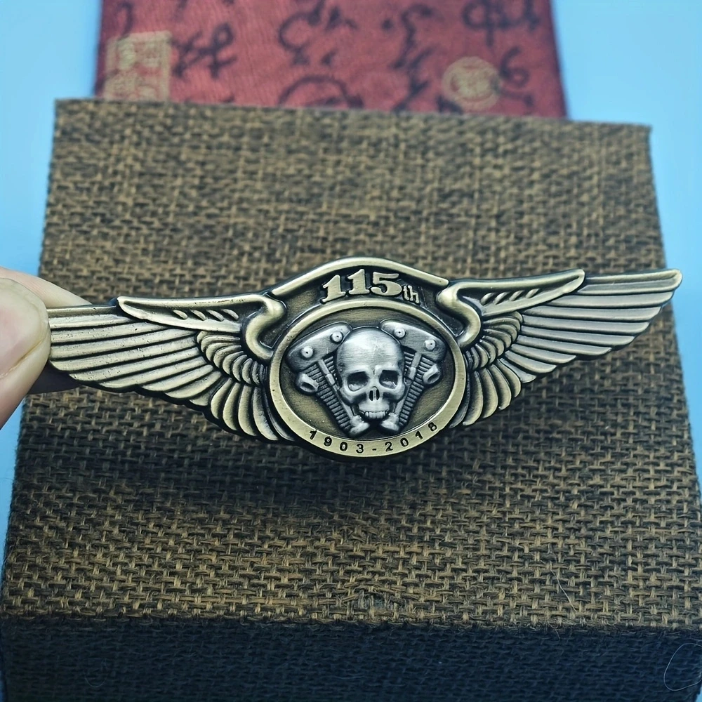 Vintage Locomotive 115th Anniversary Pin Metal Skull Double Wing Biker Badge Engine Club Brooch Clothes Hat Decoration