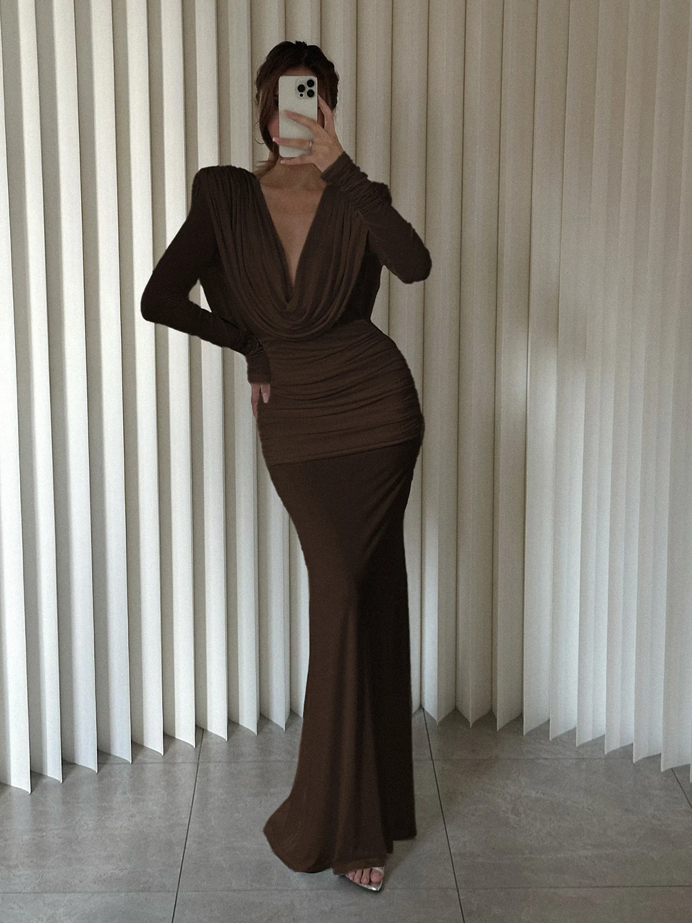 جديد نقي الأبيض الفرنسية الرجعية مطوي فستان طويل عميق الخامس فستان التخسيس بأكمام طويلة فساتين العشاء الطرف #2