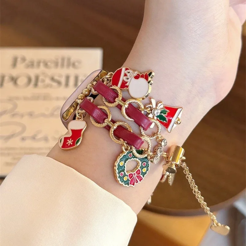 Christmas Gift Watch Band for Apple Watch Series 12 Ultra4 SE 49 44 46 45 42mm Metal Strap Santa Snowflake Xmas Jewelry Bracelet