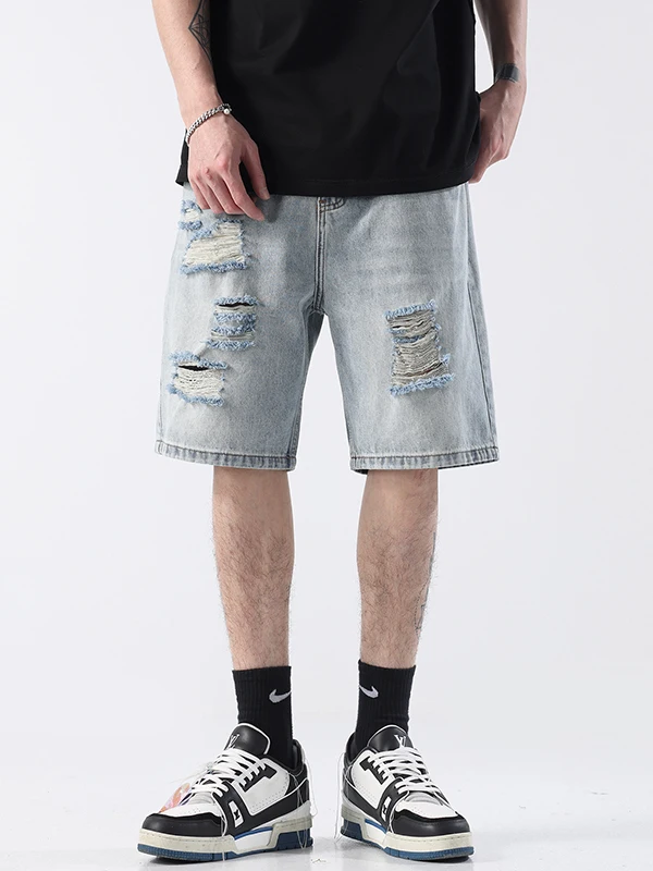 

Мужские летние джинсовые шорты в стиле ретро с дырками, свободные, прямые, повседневные, универсальные, с эффектом потертости, средней длины