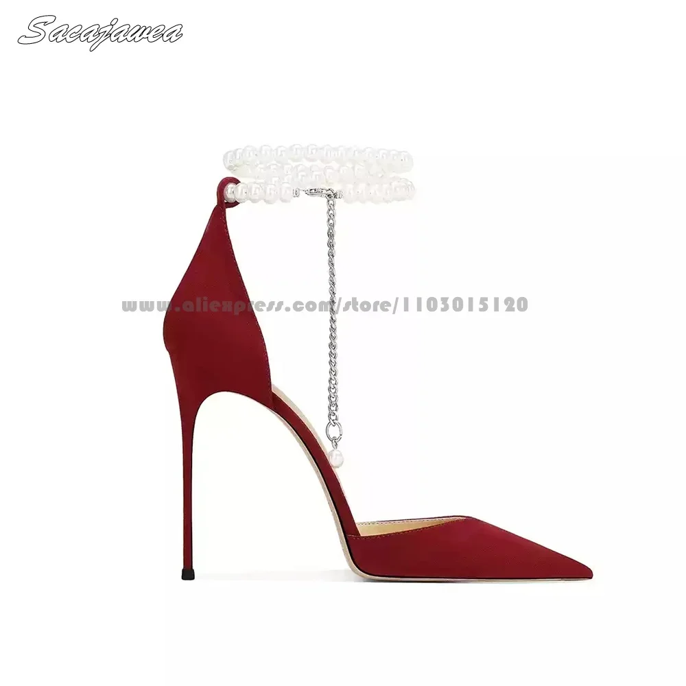 Sheep Suede Pearl Chain Stiletto High Heels 2025 Pointed Toe Sexy Lady Grace Party Sandals Size 33-41 Shallow Sexy Pumps