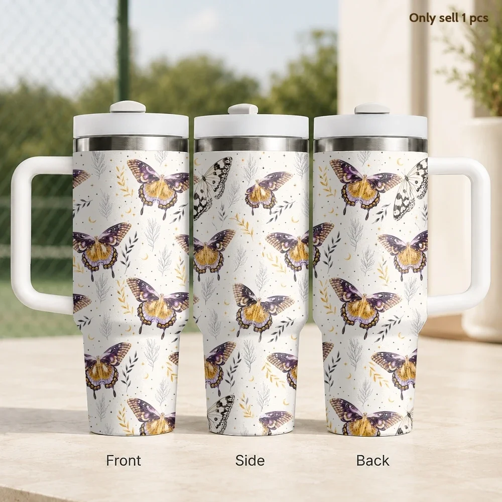 Pastel Butterfly Graphics Vacuum Flasks 40oz Stainless Steel Insulated Tumbler With Handle & Straw Leakproof Travel Mug