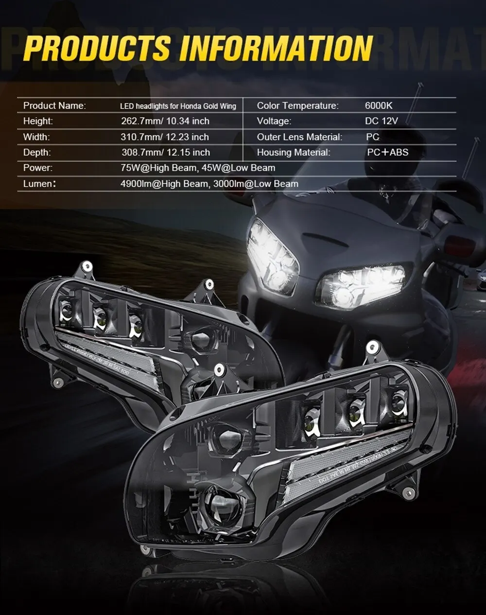 For Honda GoldWing GL1800 2001-17 E24 Motorcycle LED Front Headlight Assembly Accessories Driving Light DRL High Low Beam