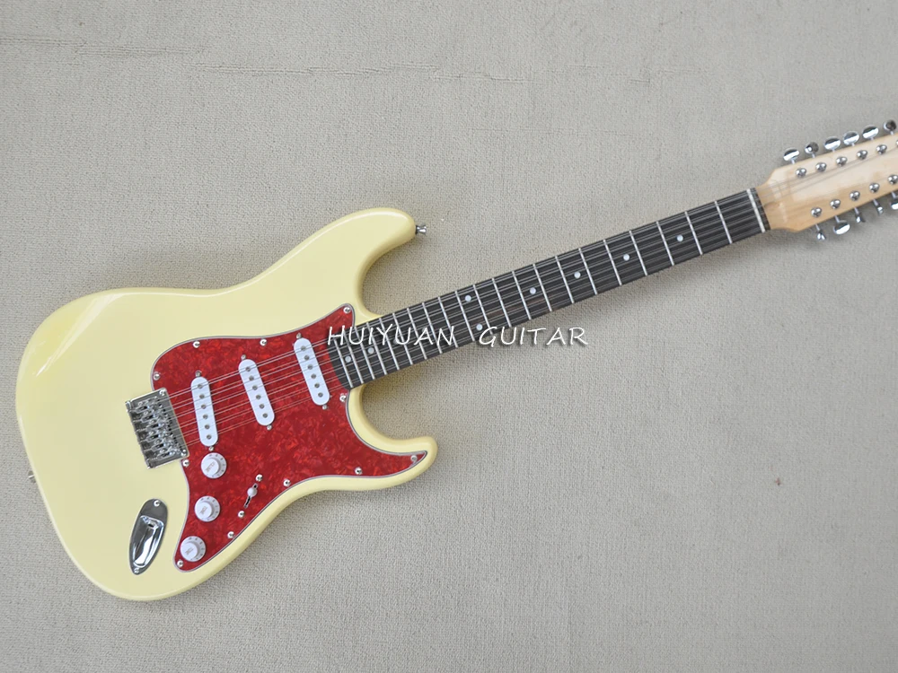 12 Strings Light Yellow Electric Guitar with Rosewood Fretboard,SSS Pickups,Can be Customized