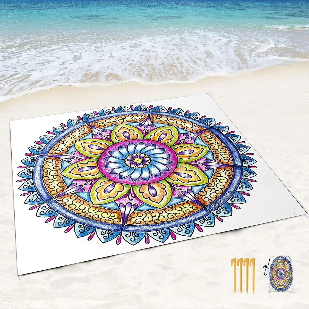 Sand Proof Beach Blanket Water Proof Mat with Corner Pockets and Mesh Bag for Beach,Travel,Camping,Beautiful Quiet Blue Mandala