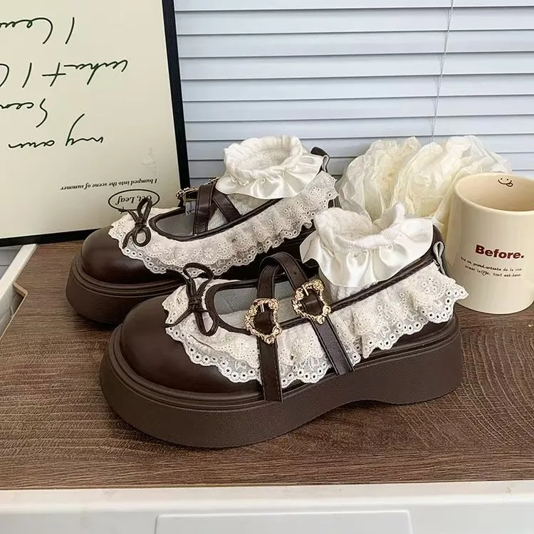 Süße Schleifen-Mary-Jane-Schuhe, schwarze Retro-Plateau-Schuhe mit dicker Sohle und erhöhter Absatz aus Leder für Damen, Frühling/Sommer im französischen Stil