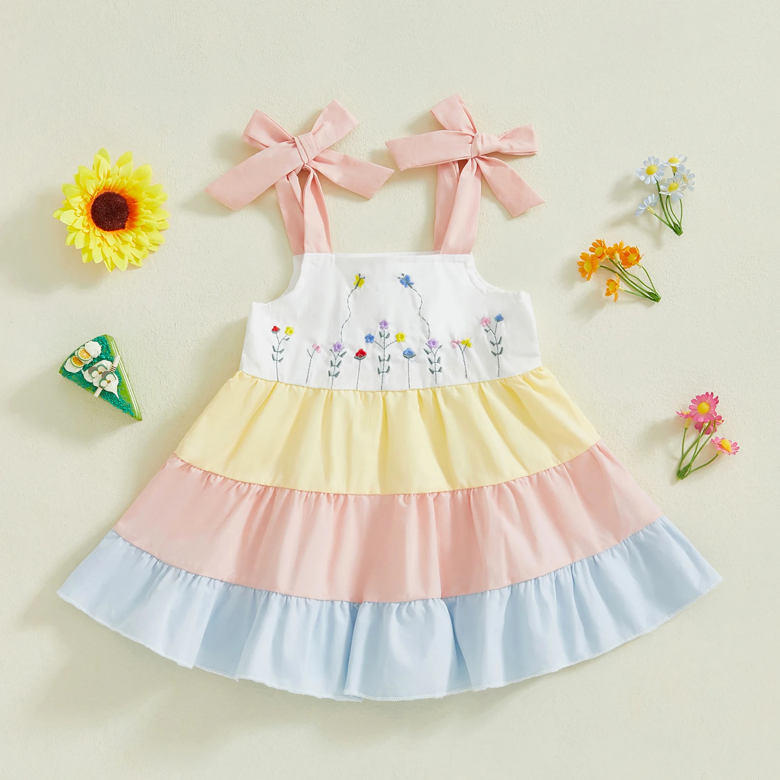 Summer Toddler Girls Sleeveless Dress Casual Floral Embroidery Rainbow Striped Tie up Strap A-Line Children Dress Baby Clothes