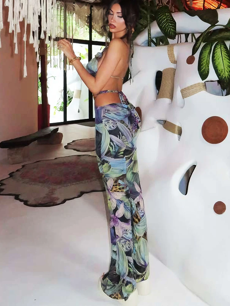 

Sisterlinda Colorful Print Jumpsuit Women Waistless Metal Ring Decoration Halter Bandage Sleeveless Backless Beach Party Suits