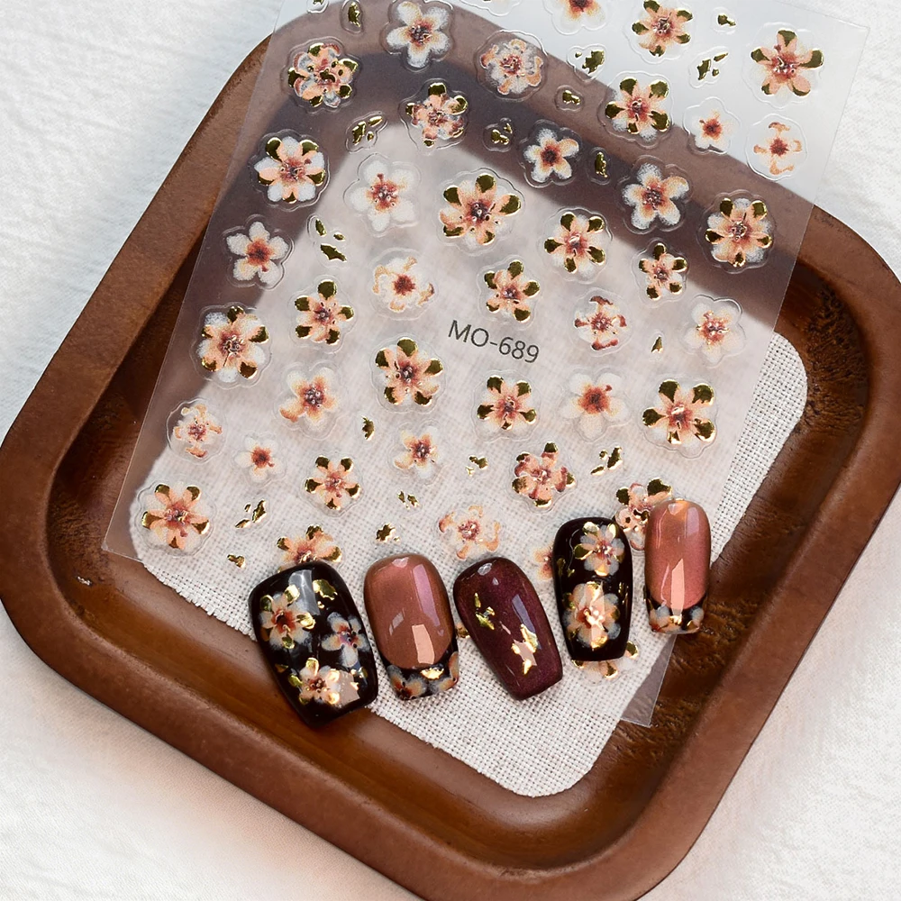 1/2Pc グラデーションピンクゴールド桜ネイルステッカーエンボス加工桜の花自己粘着ネイルデカール春の花ネイルアートデコレーション