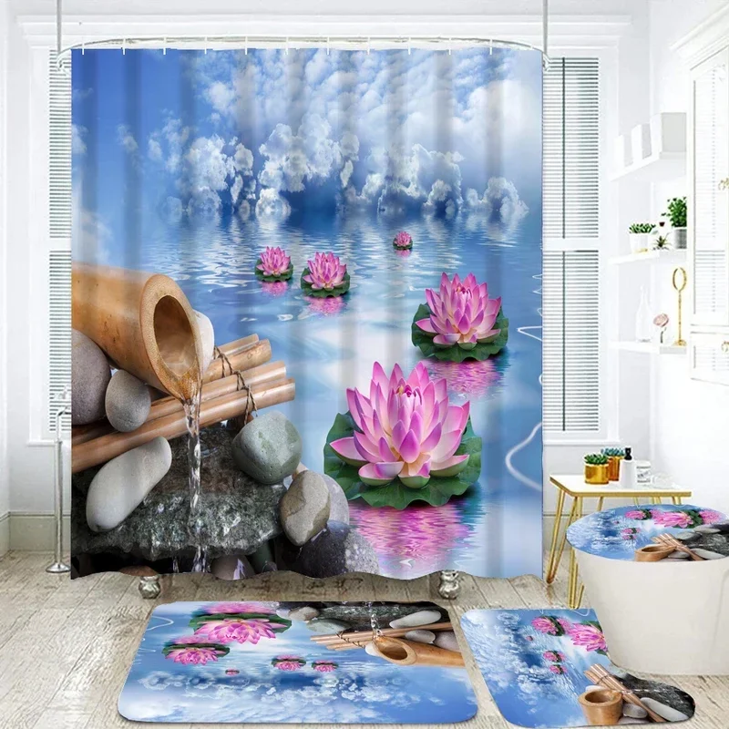 Zen Stone Bamboo Lotus Flowers Shower Curtain Set Non-slip Carpet Bath Mats Flowing Water Pattern Bathroom Curtains Toilet Cover