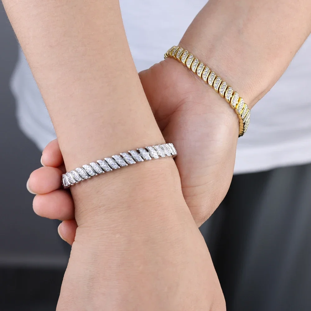 2025 High Quality Bling Herringbone Snake Chain Bracelet Necklace Silver Color 7mm CZ Stones Choker Rapper Fashion Women Jewelry