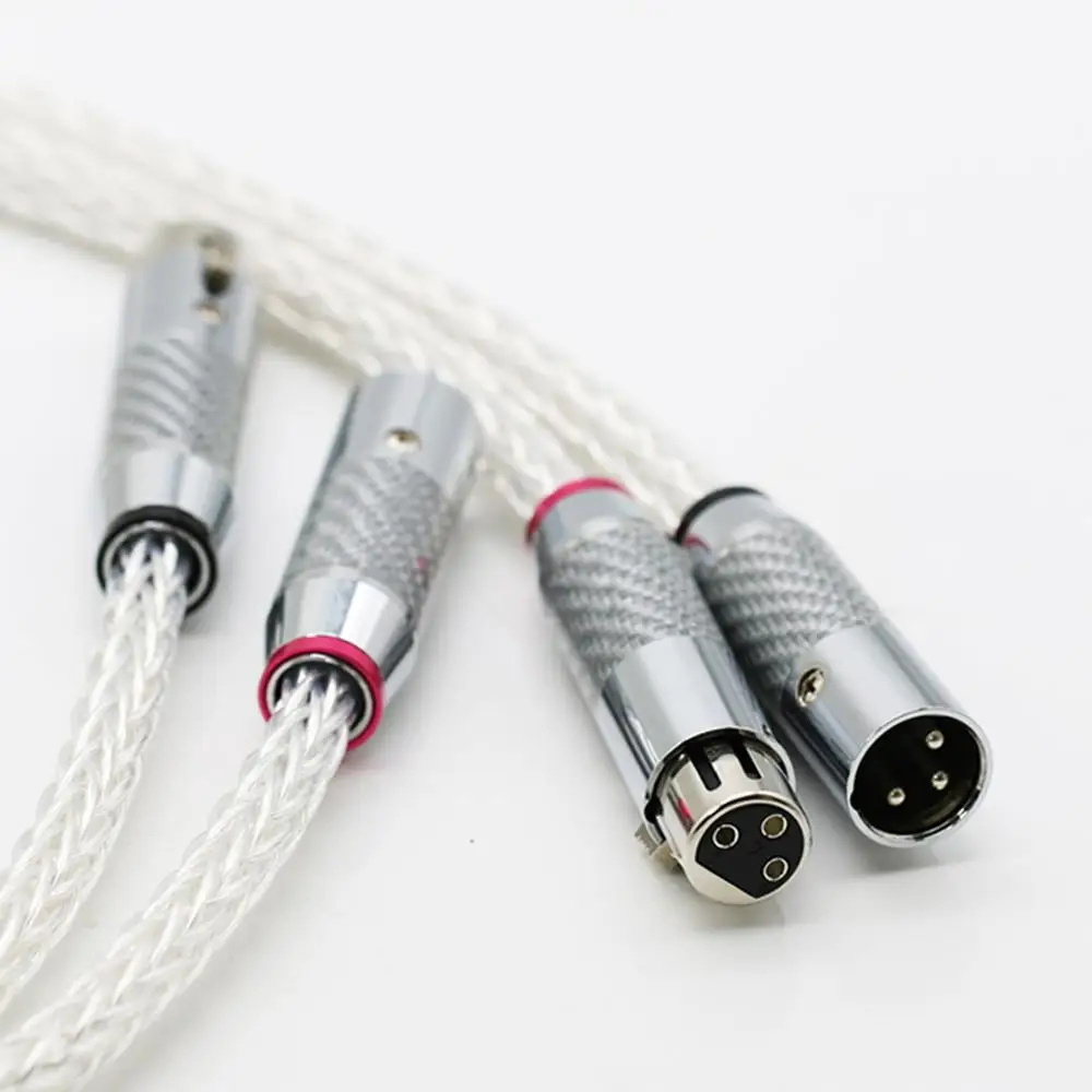 A pair of silver plated 8AG OCC 16 strand audio speaker cables with carbon fiber 3-pin XLR balance wire