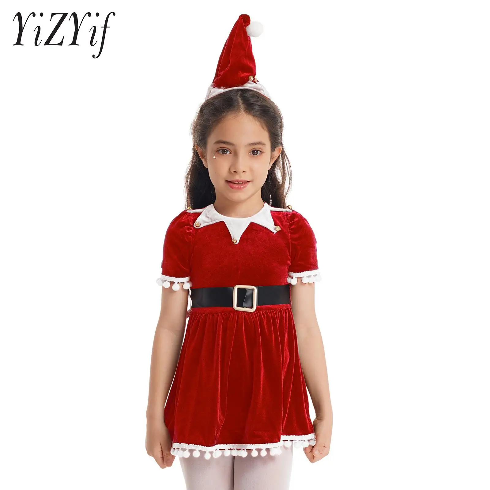 Kids Girls 3PCS Christmas Santa Costume Tassel Sleeves Clown Collar Fringe Border Red Velvet Dress with Santa Hat Belt Suits