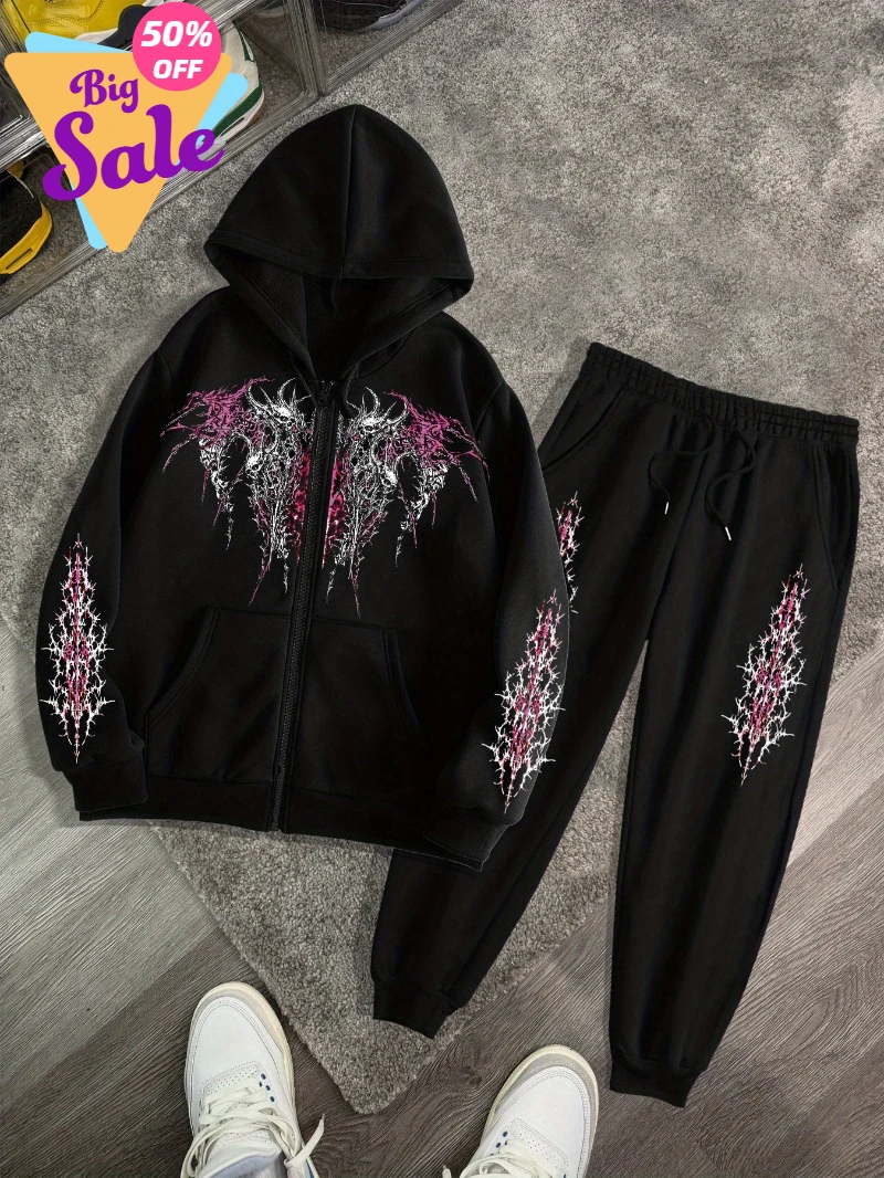 

Мужская толстовка и джоггеры в готическом темном стиле на молнии с розовым цветочным принтом, черные джоггеры, повседневная уличная одежда на весну/осень