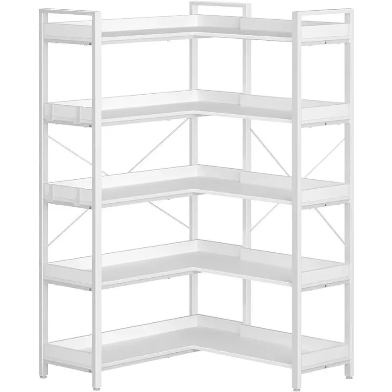 

Bookshelf 5 Tier with 4 Hooks, Reversible Corner Bookshelf, 65" Industrial Wooden Bookcase with Open Shelves