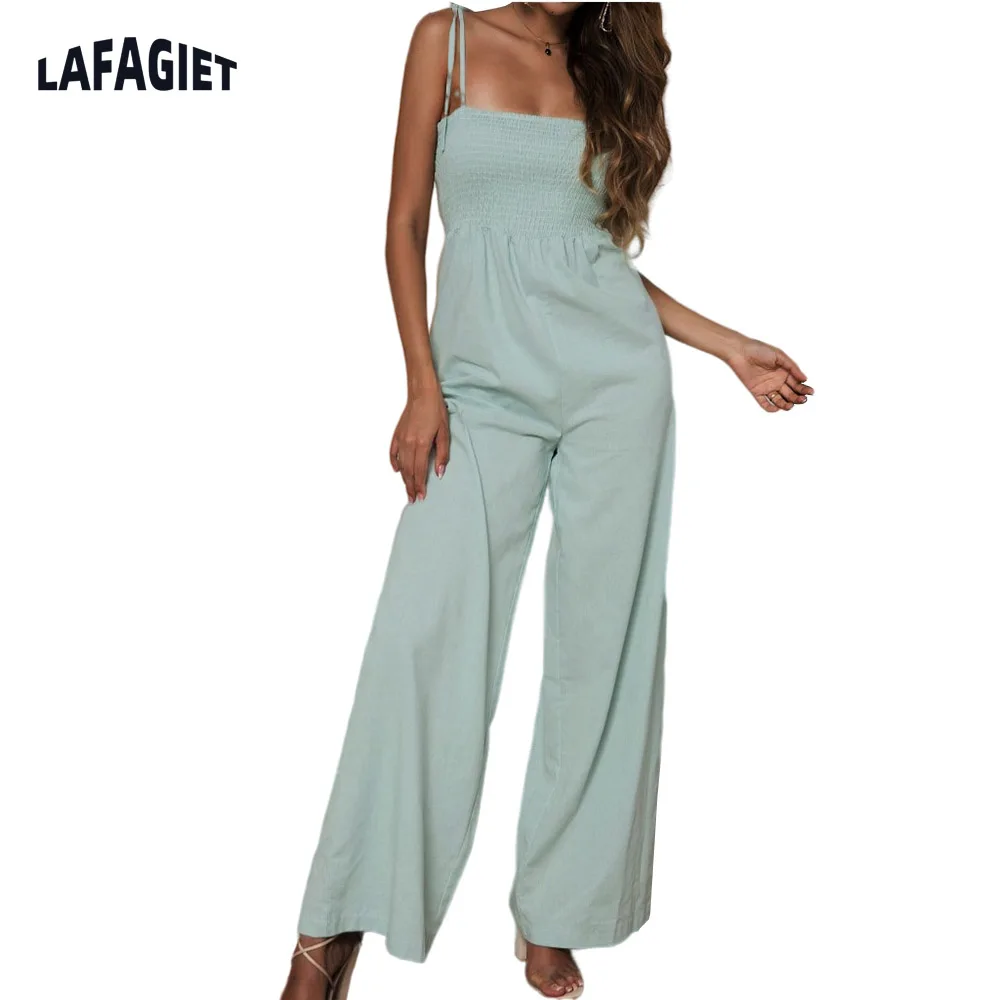 

Women Solid One Piece Jumpsuit High Waist Sling Rompers Green Pink Spaghetti Strap Wide Leg Pants Female Summer Lady Jumpsuit