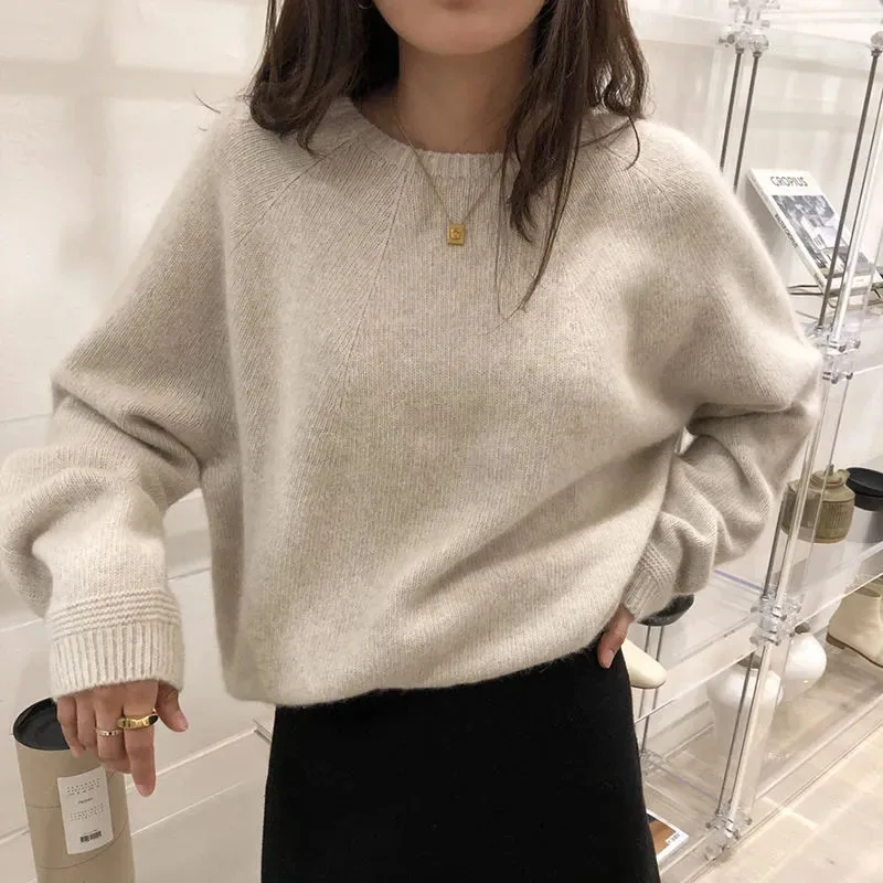 Autunno inverno addensare caldo maglione di cachemire donna Harajuku sciolto Basic O collo pullover solido semplice tutto abbinato maglieria maglioni