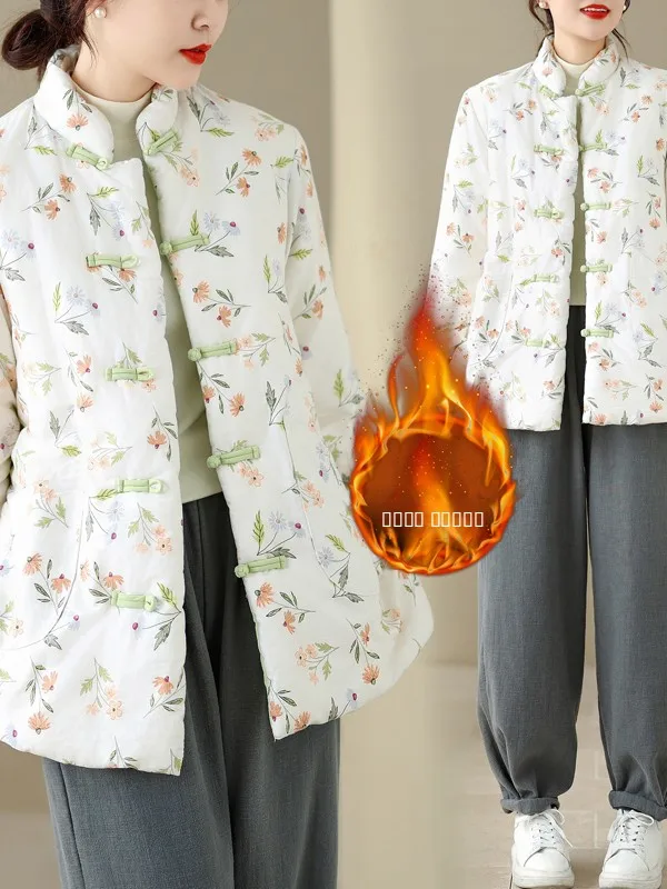 Authentic 2025 Floral Cotton Jaet Autumn Winter Warm Loose Chinese Sle Cotton Coat Thiened Long Sve Stand Collar Coat