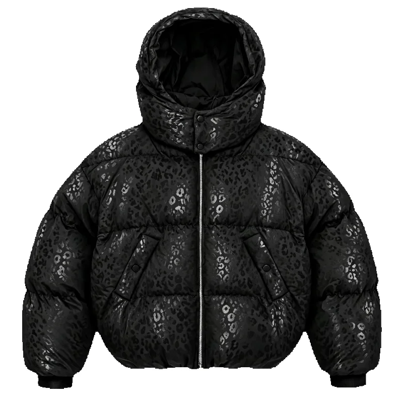Wasserreaktives Leopardenmuster Damen Pufferjacke mit Stretch-Manschetten, Reißverschluss und Kapuze, einzigartiger, wärmender Wintermantel für den Alltag