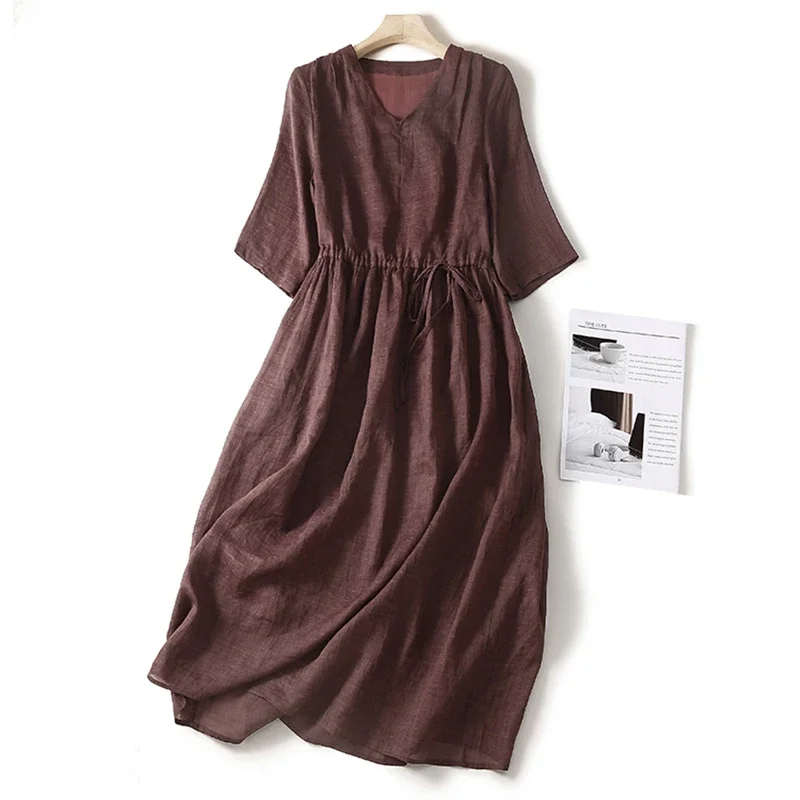

Pop Women Cotton Short Sleeve V-Neck Midi Dress Summer Casual Loose Vintage Solid Color Dresses With Pockets Female Vestidos