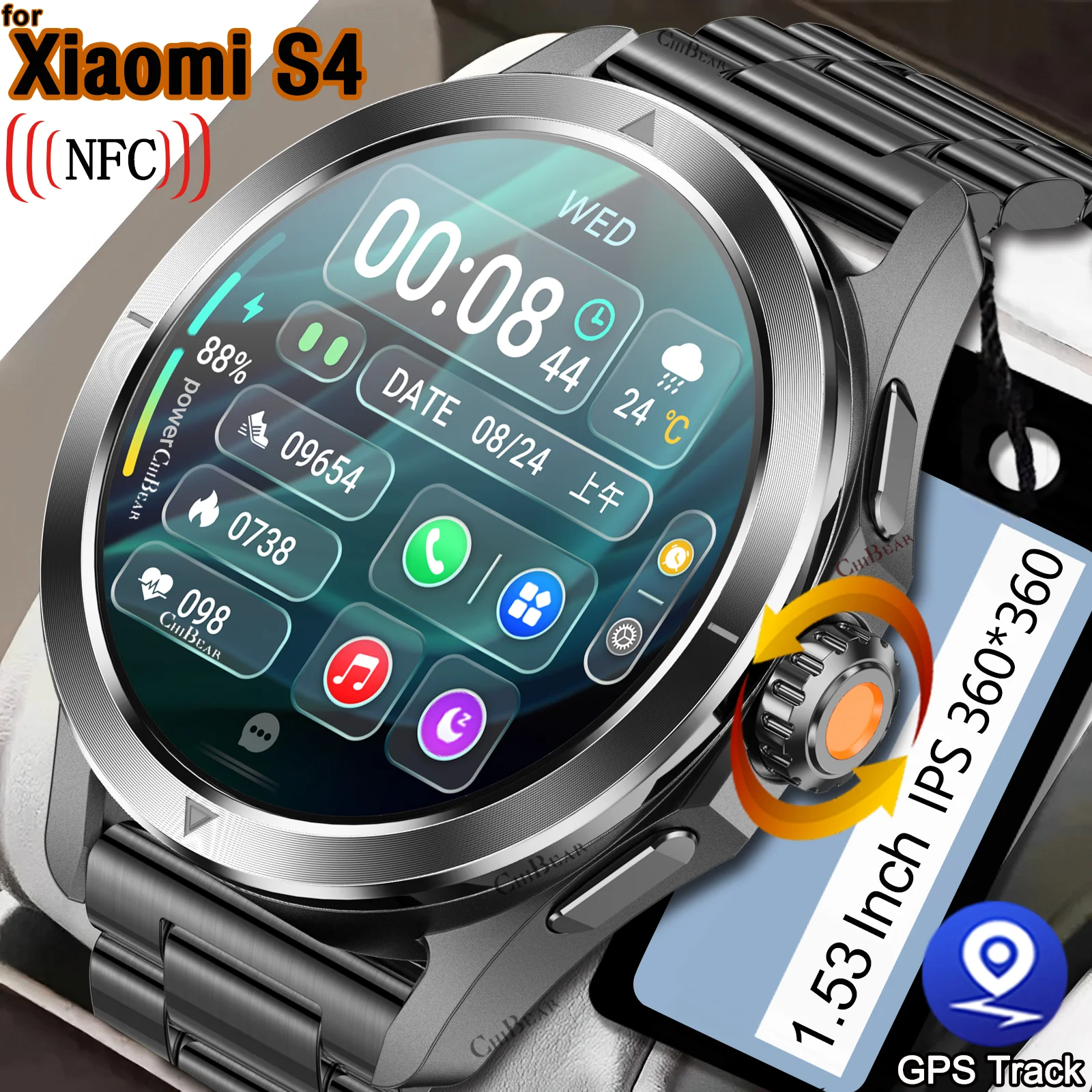 For Xiaomi S4 Smart Watch Men GPS Track Compass Heart Rate Monitor Waterproof Sports Bluetooth Call SmartWatch For Android IOS