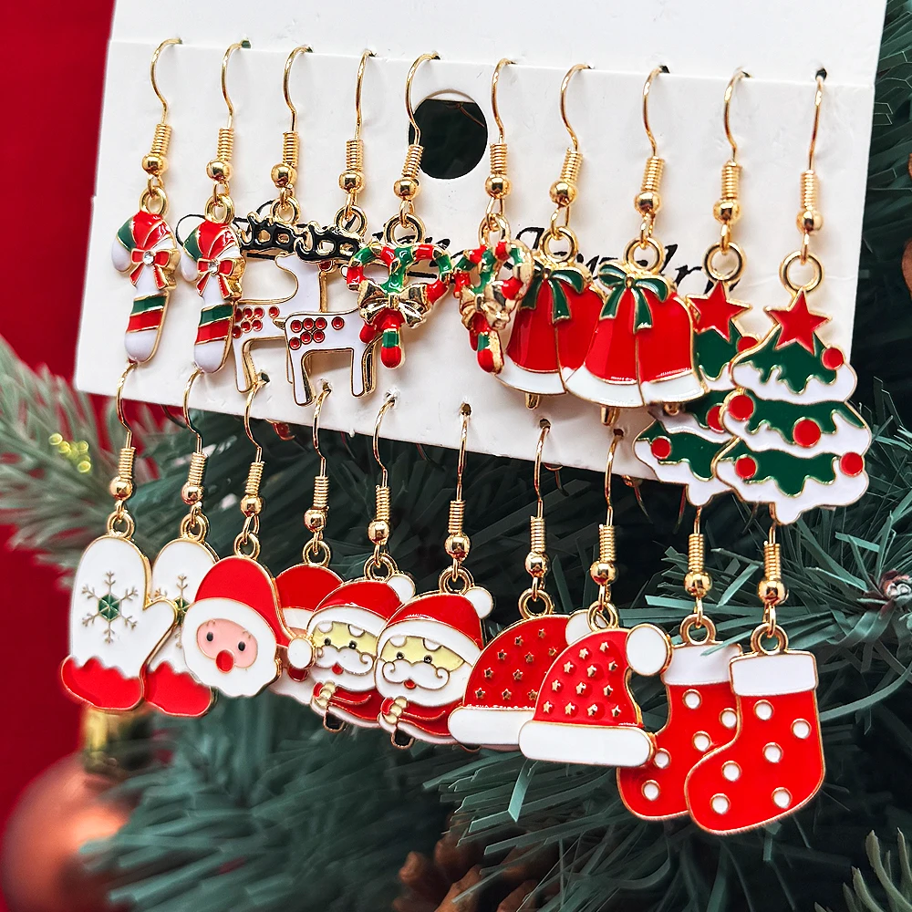 20 قطعة/10 قطعة النساء عيد الميلاد القرط الكرتون سانتا كلوز شجرة عيد الميلاد الأيائل طقم من الحلقان النساء هيبوالرجينيك مجوهرات هدايا