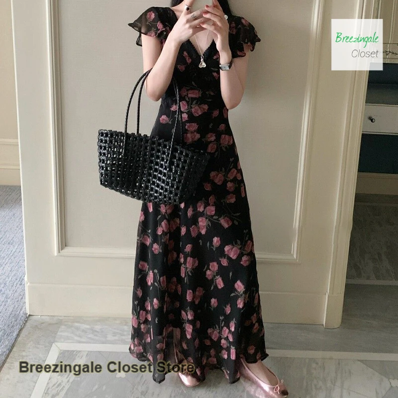 

French V-neck small flying sleeve rose chiffon dress female summer French beautiful temperament waist slim black long skirt