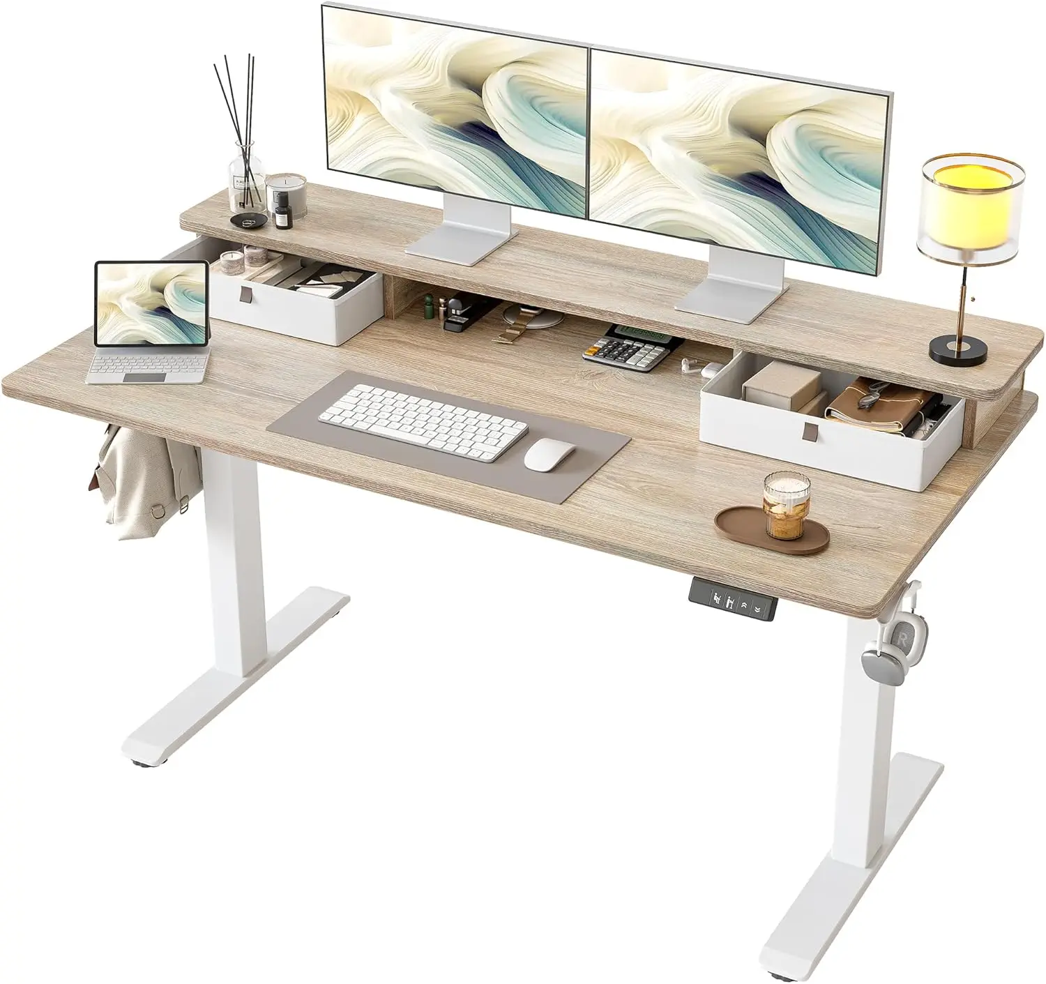

55' Adjustable Electric Standing Desk with Drawers & Shelf, Maple Finish