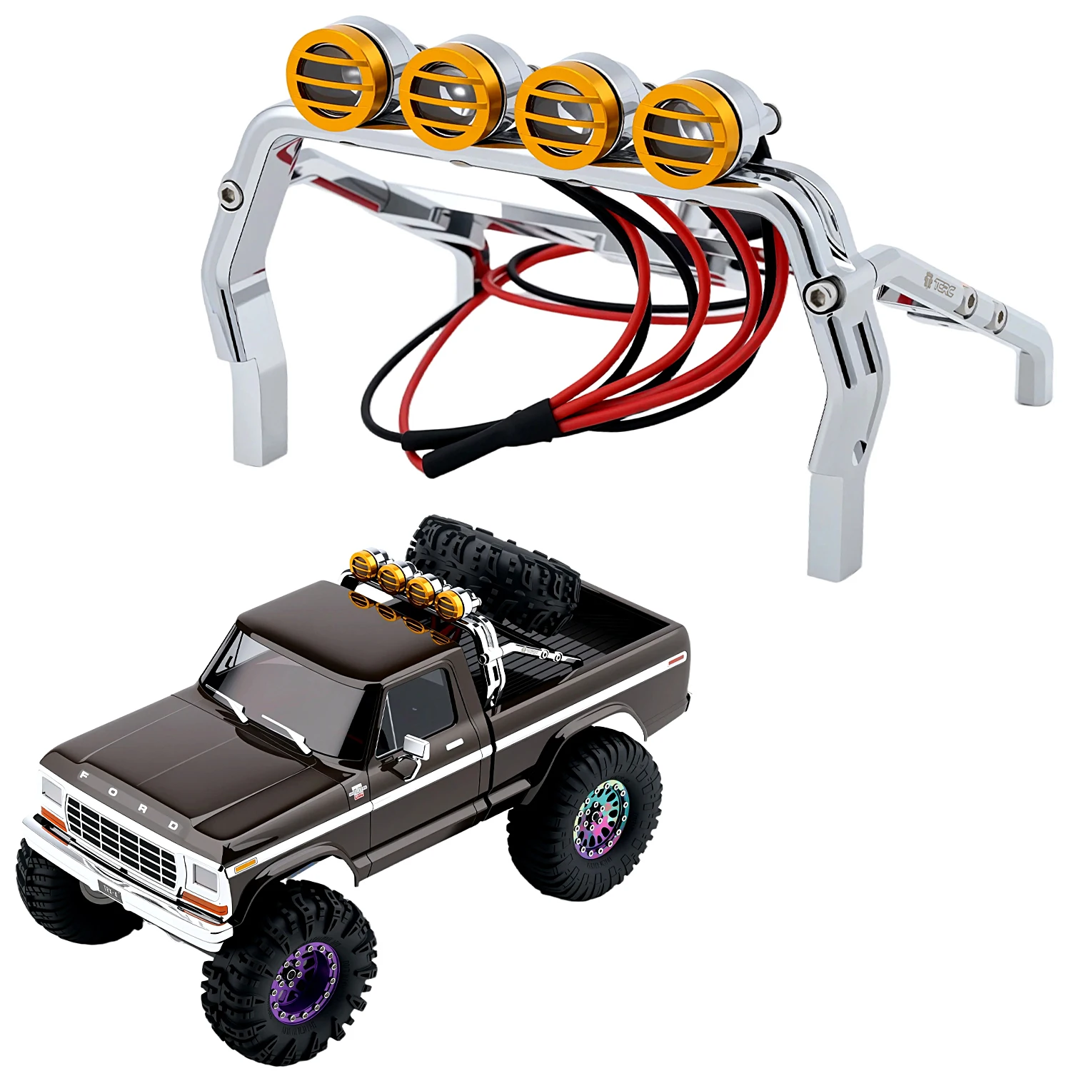 

TCRC High-Precision CNC Aluminum Bed Rack & Spare Tire Carrier with Roof LED Lights (4) for 1/18 TRX4M F-150 High Trail RC Car