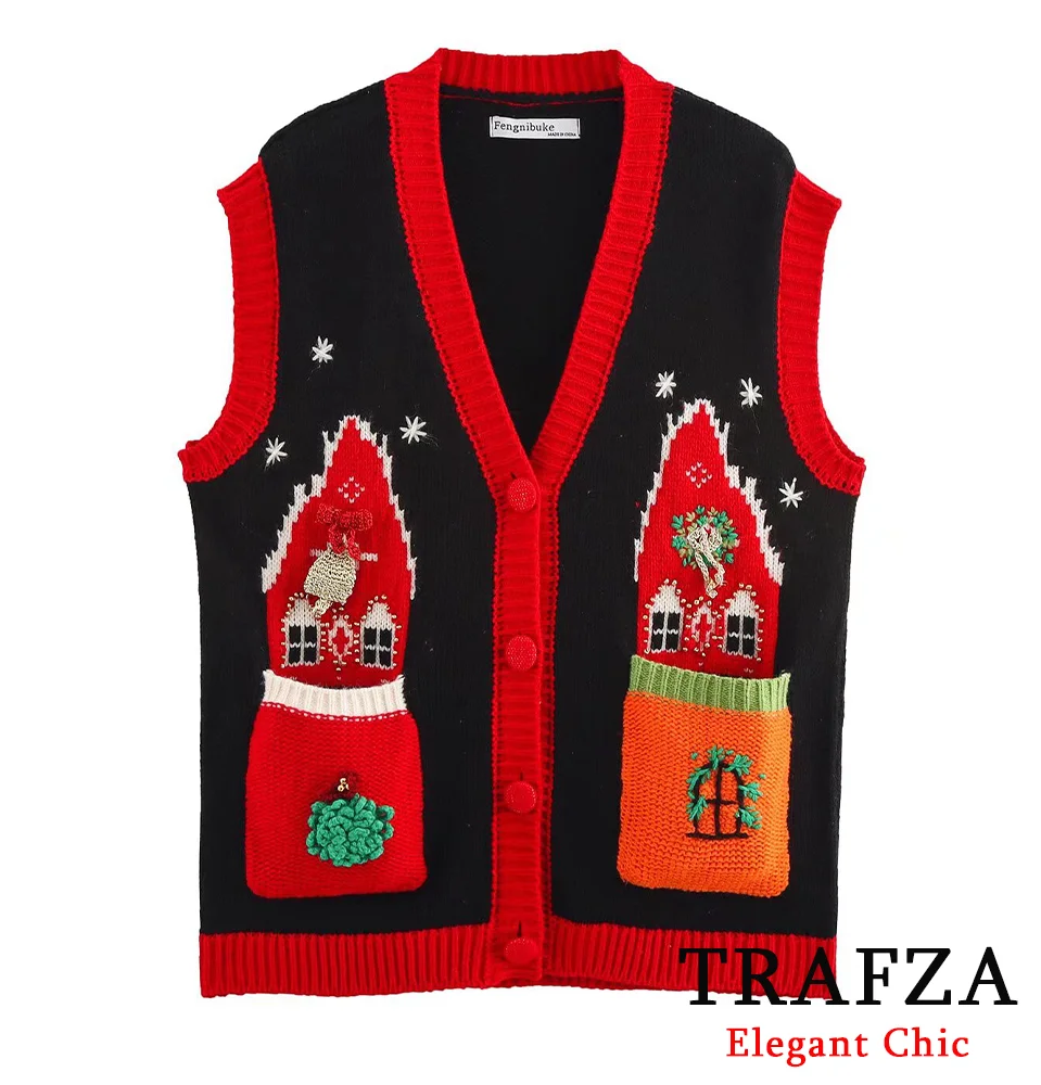 TRAFZA Women New Year Knitted Vest V-Neck Buttons Festivities Vest New 2025 Fashion Spring Party Holiday Vacation Outwear Vest