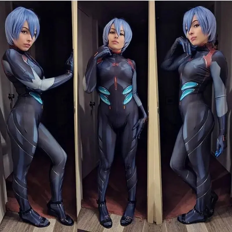 Ayanami Rei Cosplay Fato Feminino, Plugsuit Anime Halloween, Bodysuit Zentai, Macacões, Fato de festa, Adultos, Crianças