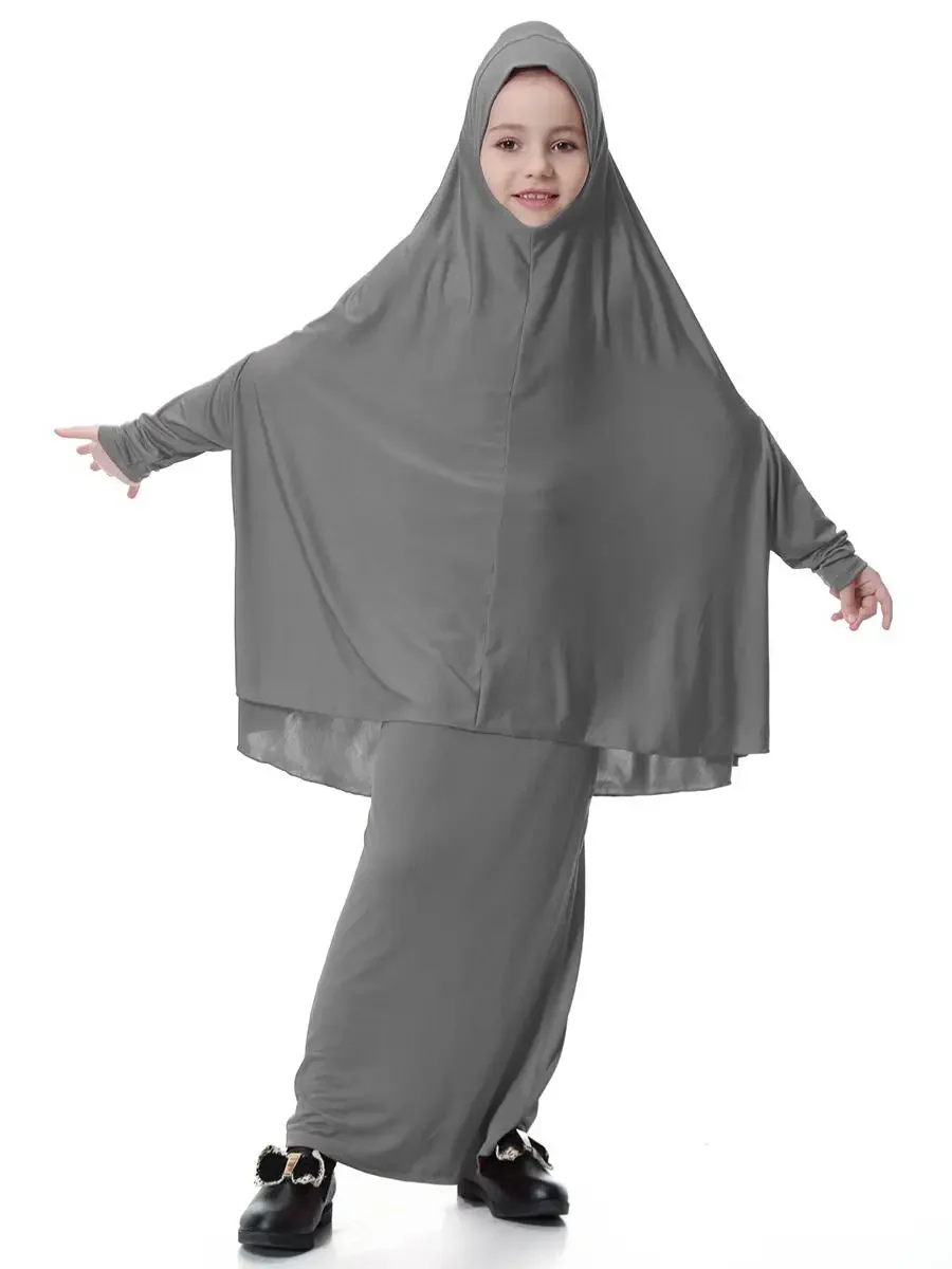 Muslim Children Girls Prayer Dress 2 Pieces Hijab Abaya Ramadan Sets Arab Kids Robe Skirt Robe Islam Party Gown Khimar Jalabiya 6