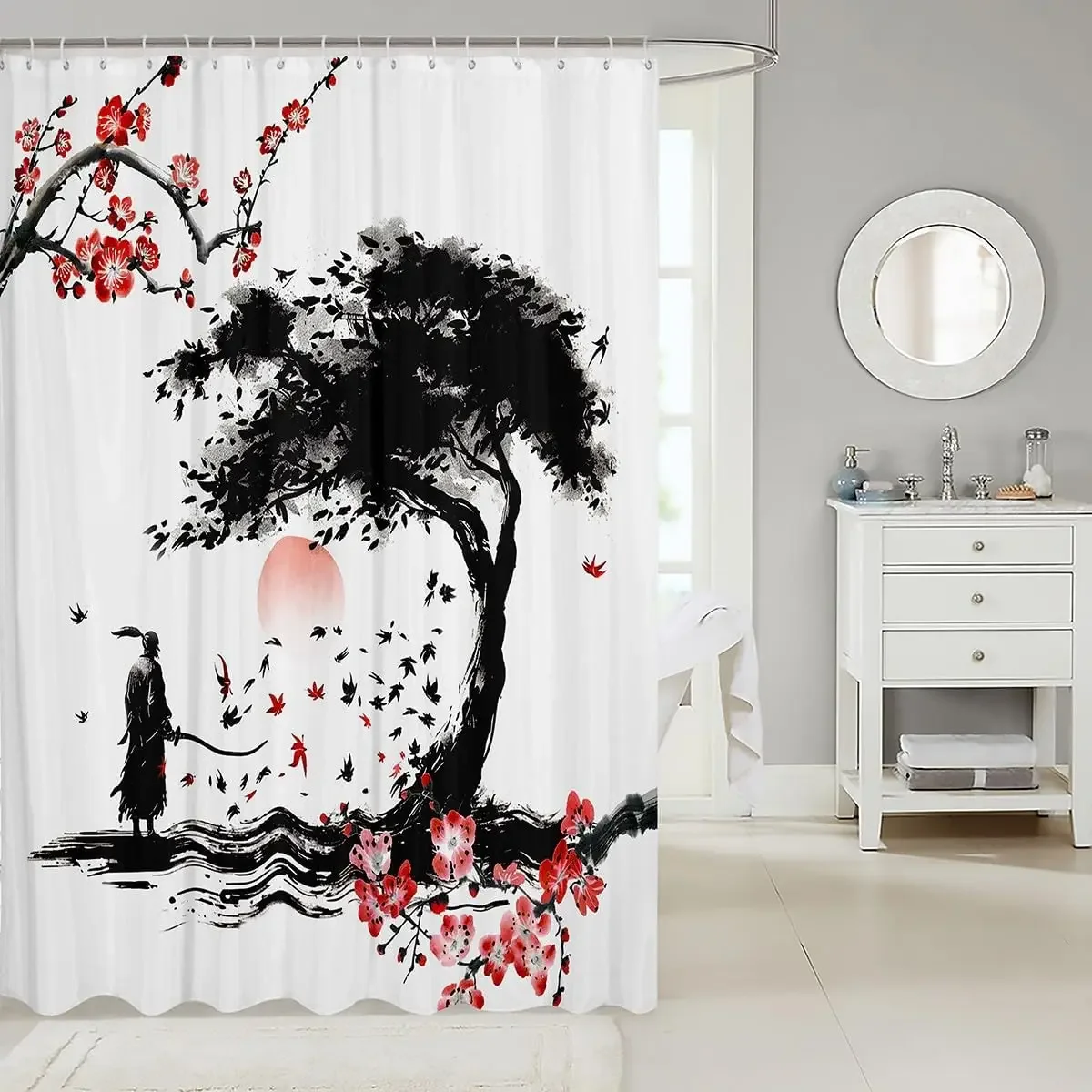 Japanese Samurai Bath Curtain Boys Girls Fallen Leaves Shower Curtain for Kids Women Men Waterproof Floral Bathroom Shower