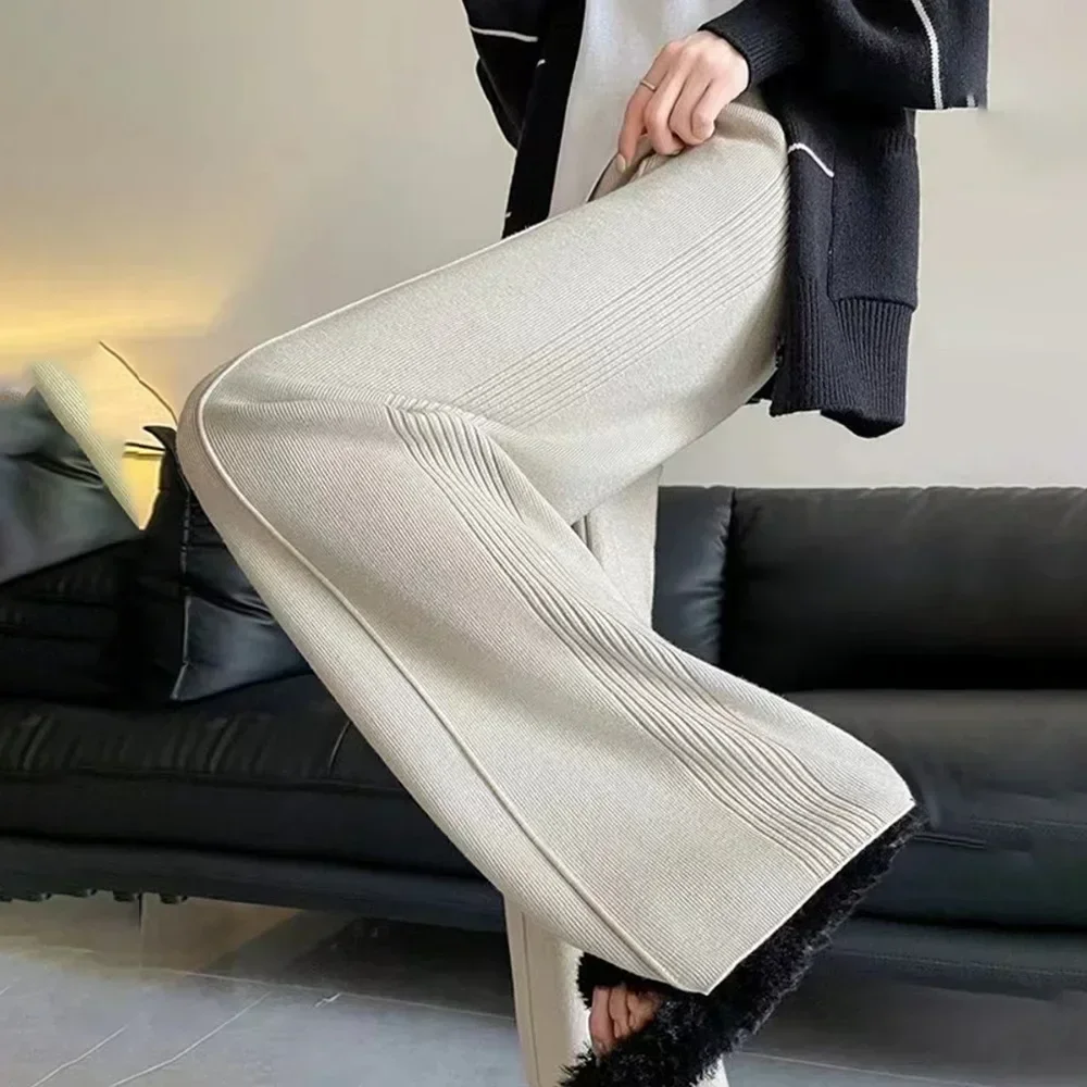 

Autumn Winter Knitted Wide-leg Pants for Women Casual Straight Pants Elastic Waist Korean Drawstring Women's Trousers S124