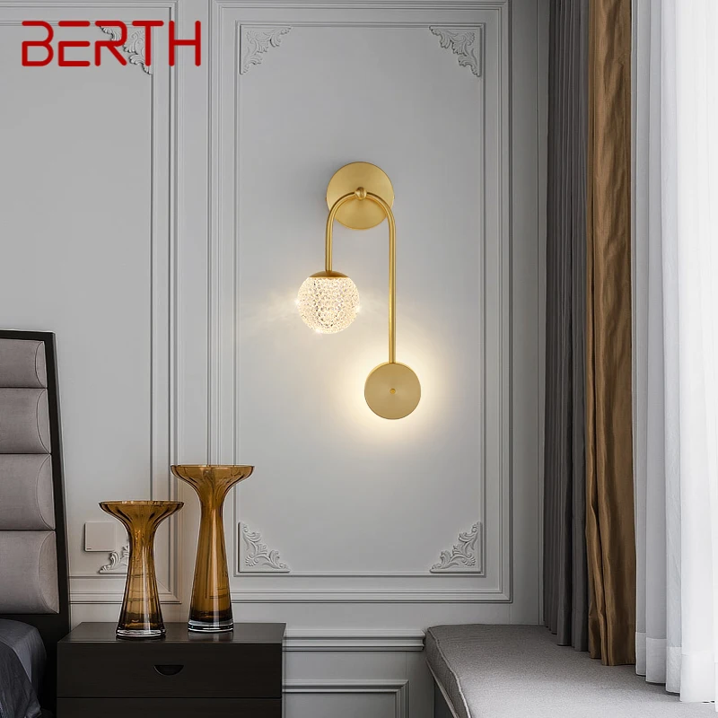 BERTH Modern Gold Brass Bedside Lighting LED 3 Colors Lovely Creative Wall Lamp for Home Bed Room Decor