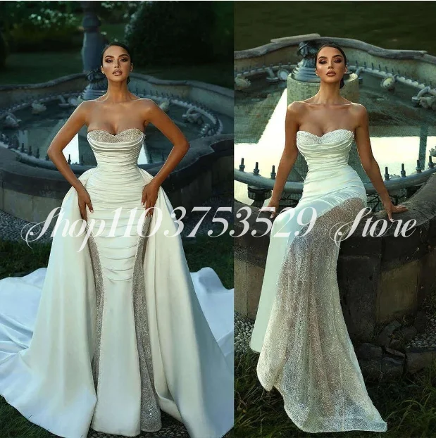 Shimmering Sheath Mermaid Couture Wedding Dress 2025 Detachable Train Beaded Appliqué Ruched Bridal Gown robe de mariée