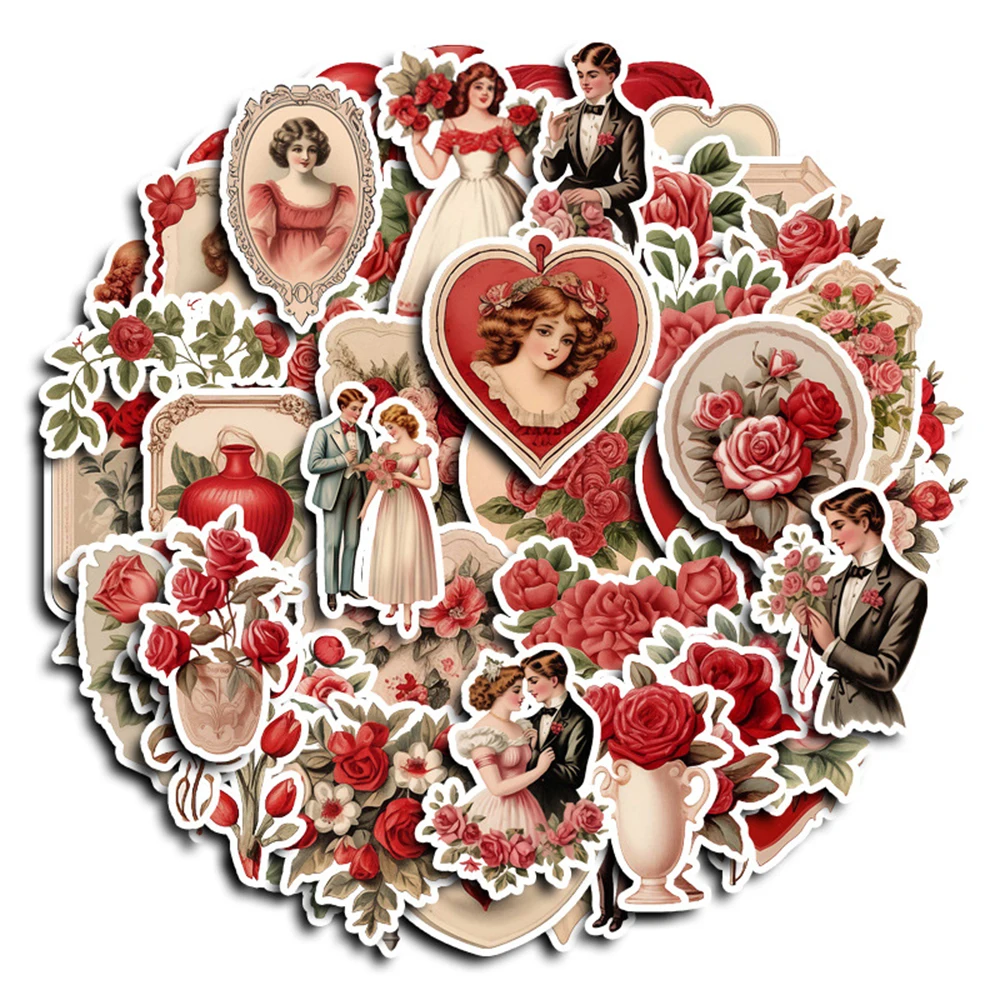 

10/30/50pcs Vintage Red Valentine's Day Stickers Aesthetic Retro Wedding Decoration Sticker Suitcase Fridge Cute Cartoon Decals