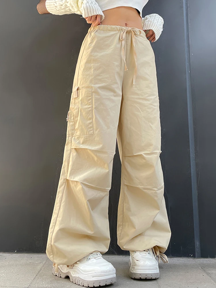 

Light Khaki Cargo Pants Streetwear 100% Cotton Big Pocket Patchwork Casual Pants Drawstring Low Waist Baggy Trouser Lady Gothic