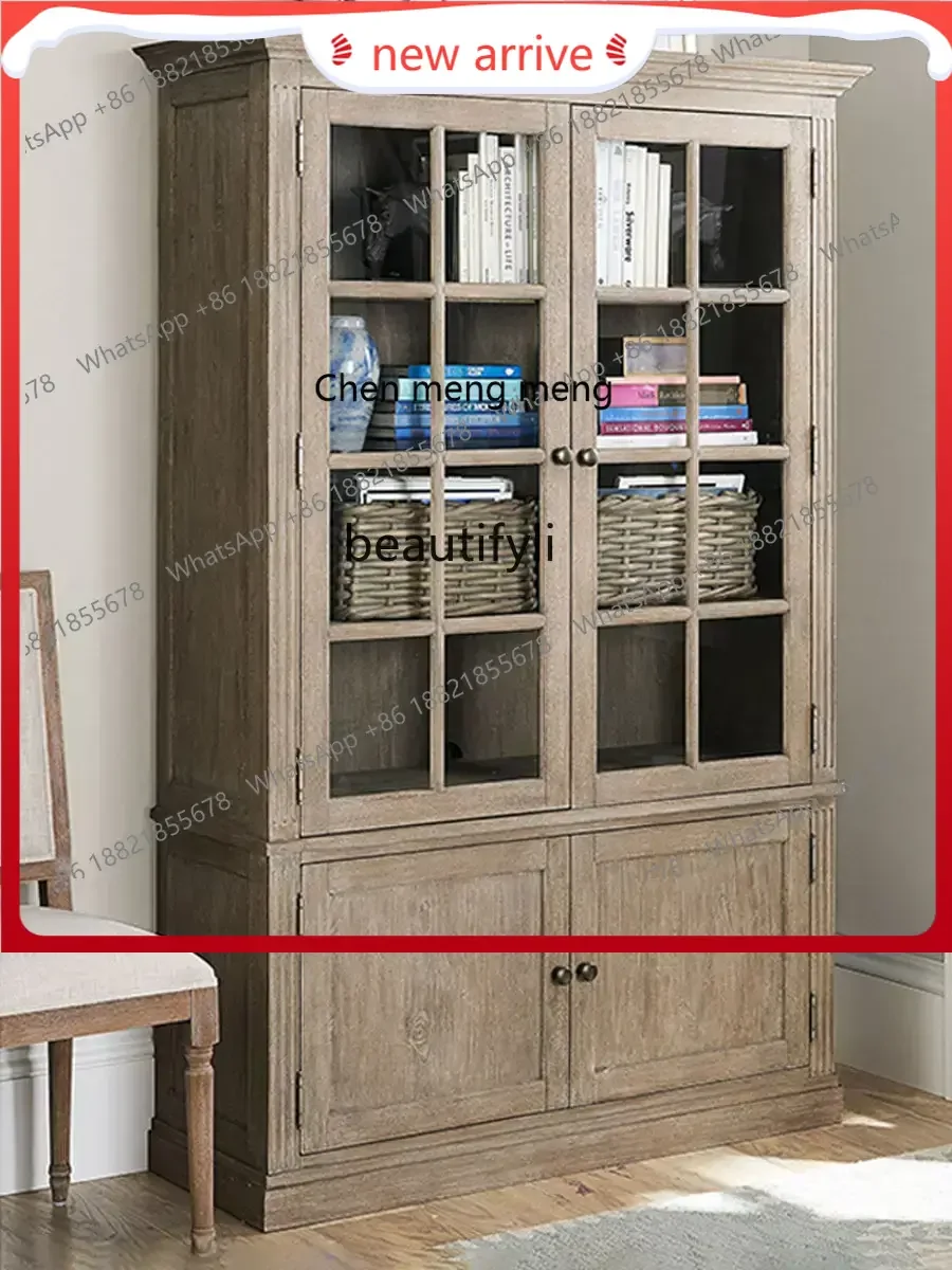 

ss7486 American-Style Solid Wood Bookcase Display Cabinet Study Glass Bookcase Home with Door Multi-Layer Storage Cabinet
