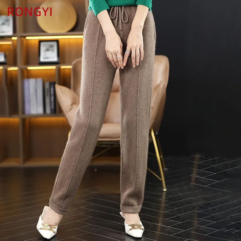 RONGYI 1O0% Merino Wool Women Pencil Pants With Pocket Thickened Autumn And Winter Warm Cashmere Knitted Wide Leg Pants Solid