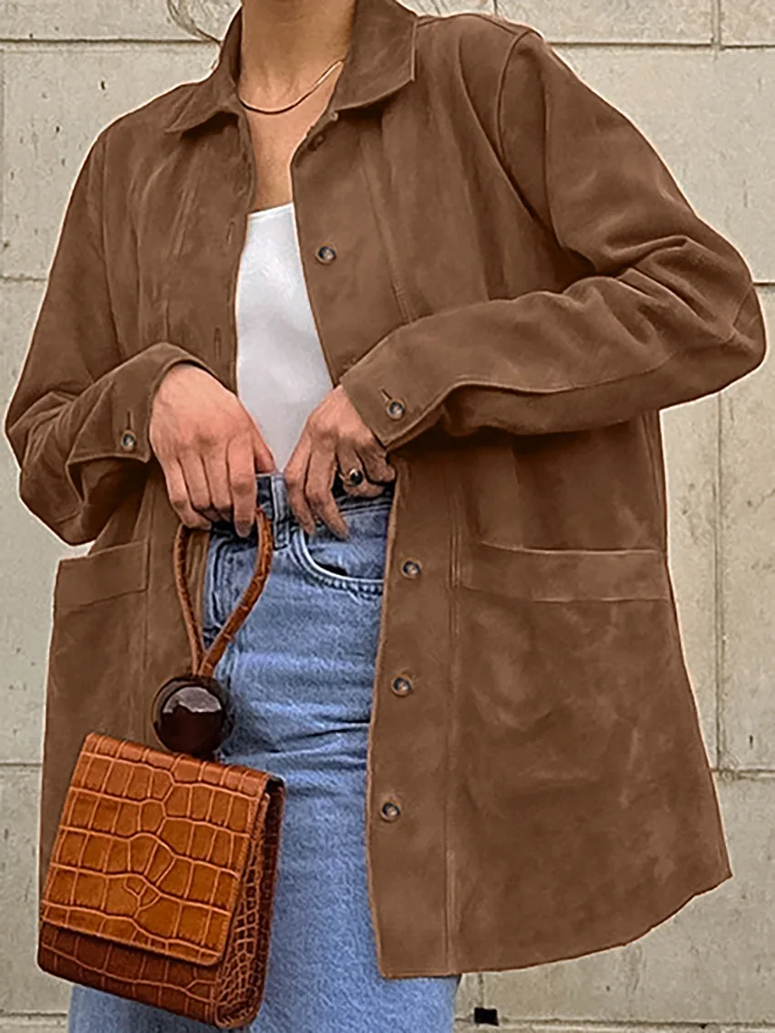 Casual Brown Lapel Pocket Suede Leather Jacket Woman 2024 Fashion Single Button Long Sleeve Coat Lady Autumn Street Outwear