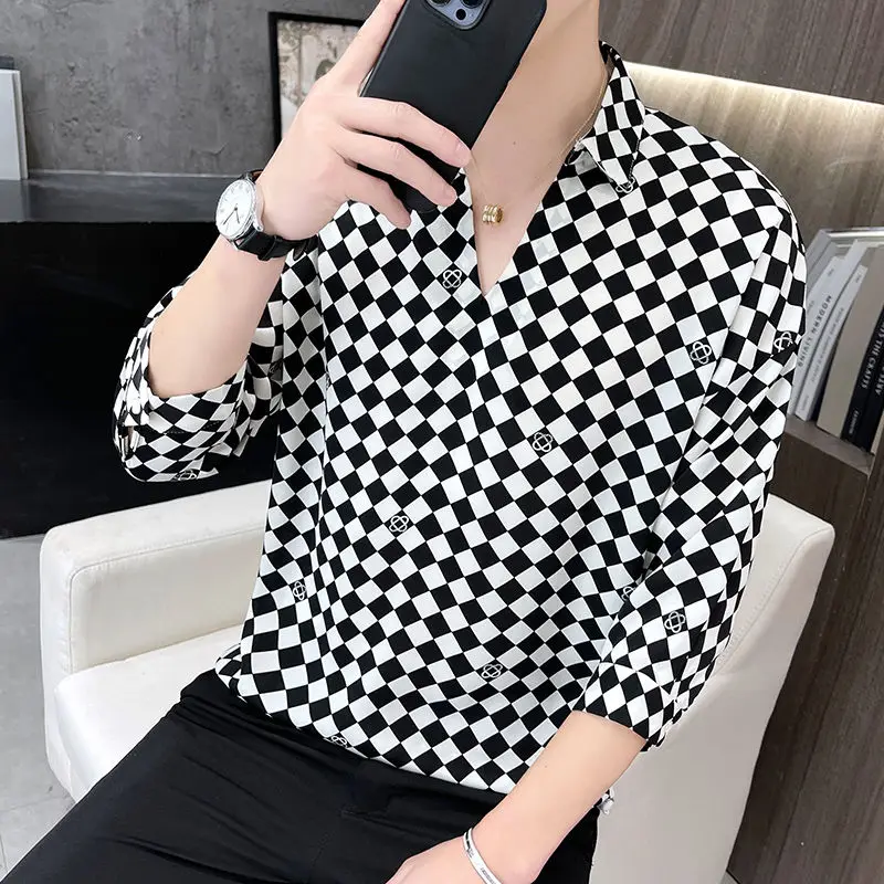 Elegant Fashion Harajuku Slim Fit Ropa Hombre Loose Casual Sport All Match Tops Square Neck Printed Three-quarter Sleeve Blusa