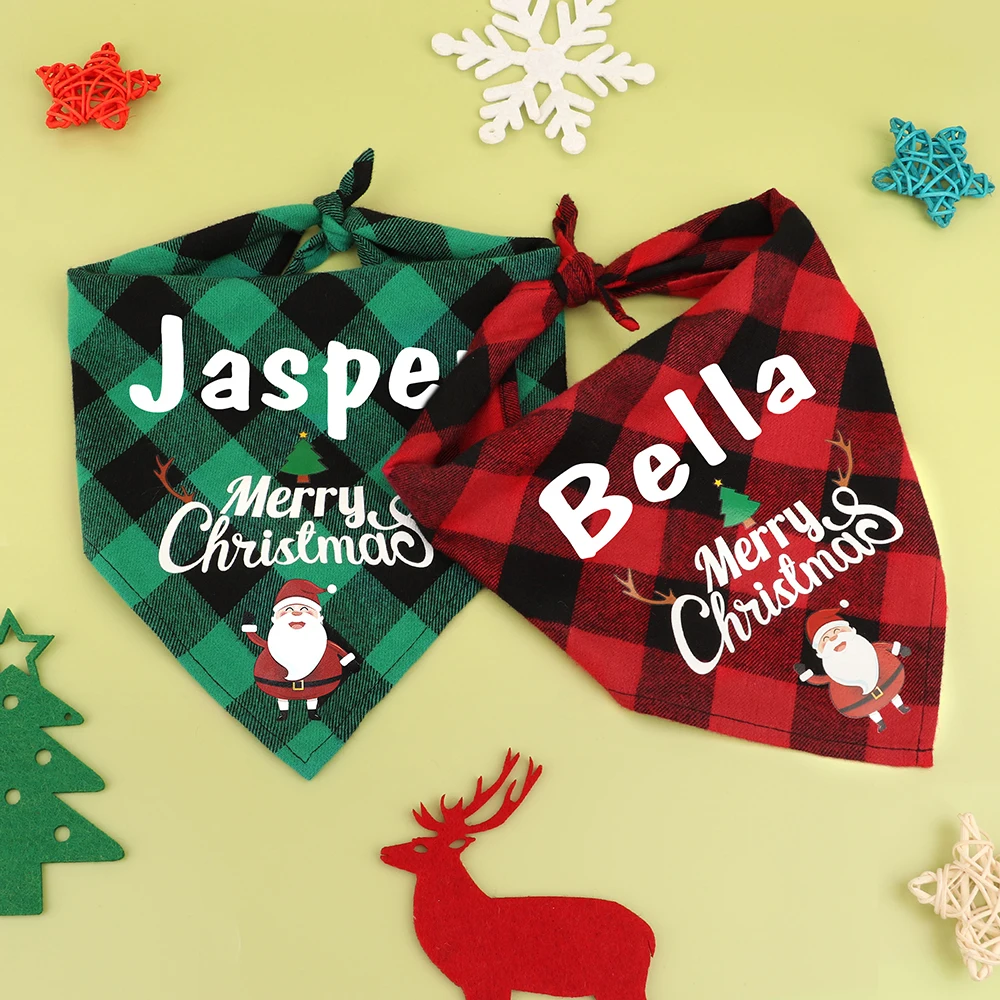 Personalized Dog Bandana Christmas Pet Cartoon Bandanas Soft Pet Plaid Neck Scarf Bibs Free Engrave Name Adjustable for Pitbulls