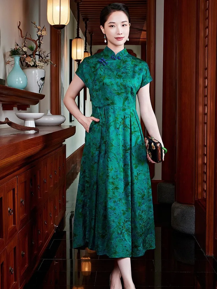Chinese-style Xiangyunsha dress silk green improved cheongsam