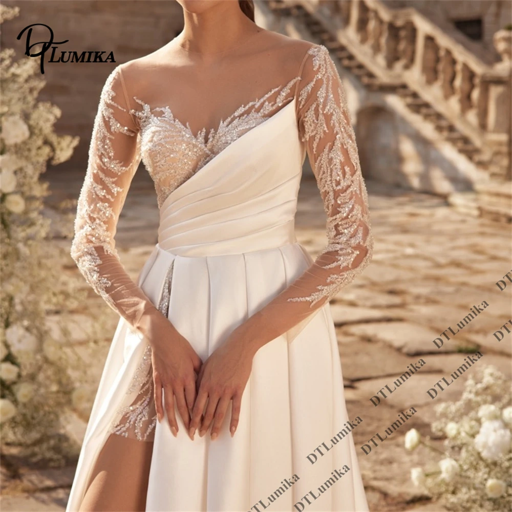 

DTLumika Sequined Sheer Full Sleeve Bride Dress A line Satin Train Customized Women's Bridal Gown Modern Style Bride Dresses