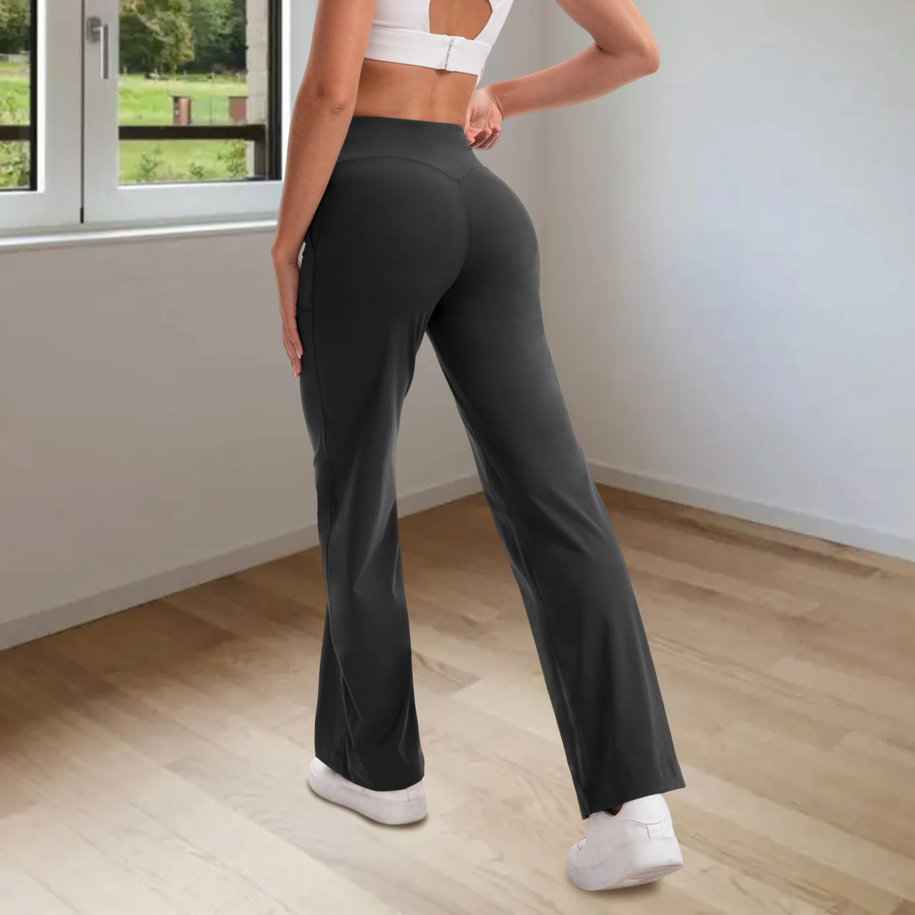 Damen High-Waist Flared Yoga-Hose mit Bauchkontrolle, M-Linie, Po-Lifting, zwei Taschen, dehnbar, weich, fließend, für Workout & Büro – Detail 10