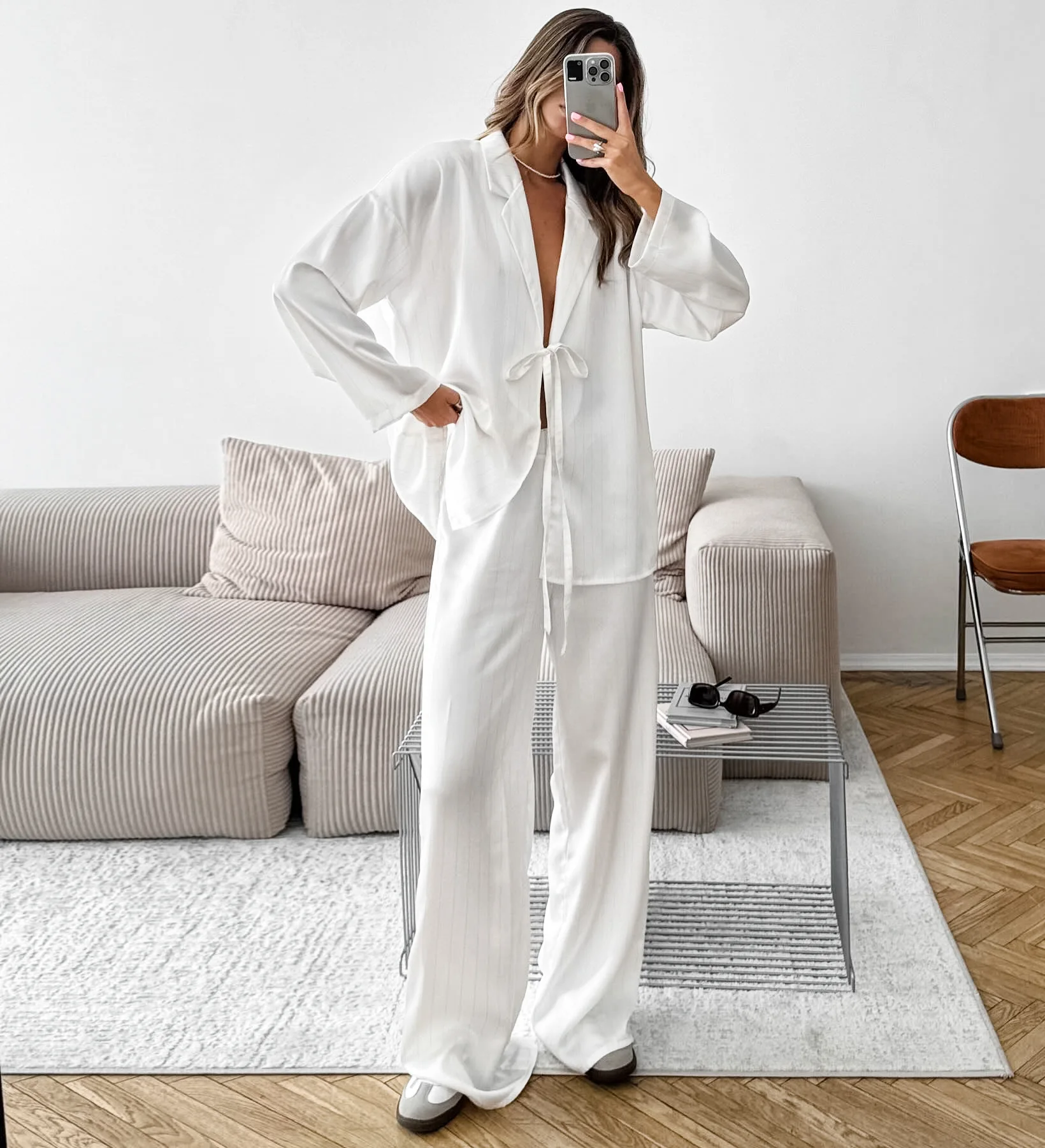 

2025 spring new V-neck lace-up shirt high waist straight trouser suit senior sense fashion temperament casual women's wear