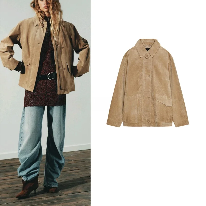 Automne femmes décontracté Sle Long Sve velours cuir Jaet revers ket Design Polyester Fiber 00% vêtements d'extérieur pour dames