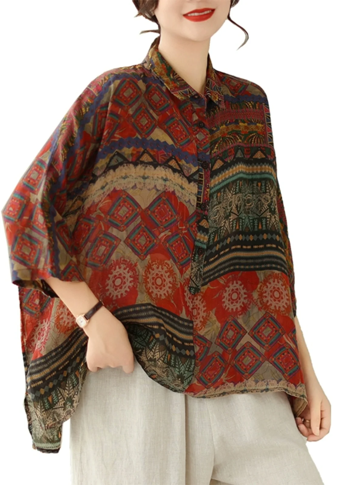 Loose Women's irt Summer Sle Floral Print Cotton Linen Batwing Sve Casual Faionable Top for Office Commute